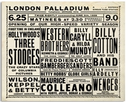 Promotional Card From the London Palladium, Featuring The Three Stooges Show on 5 June 1939 -- Measures 6.5 x 5.25 -- Very Good Condition
